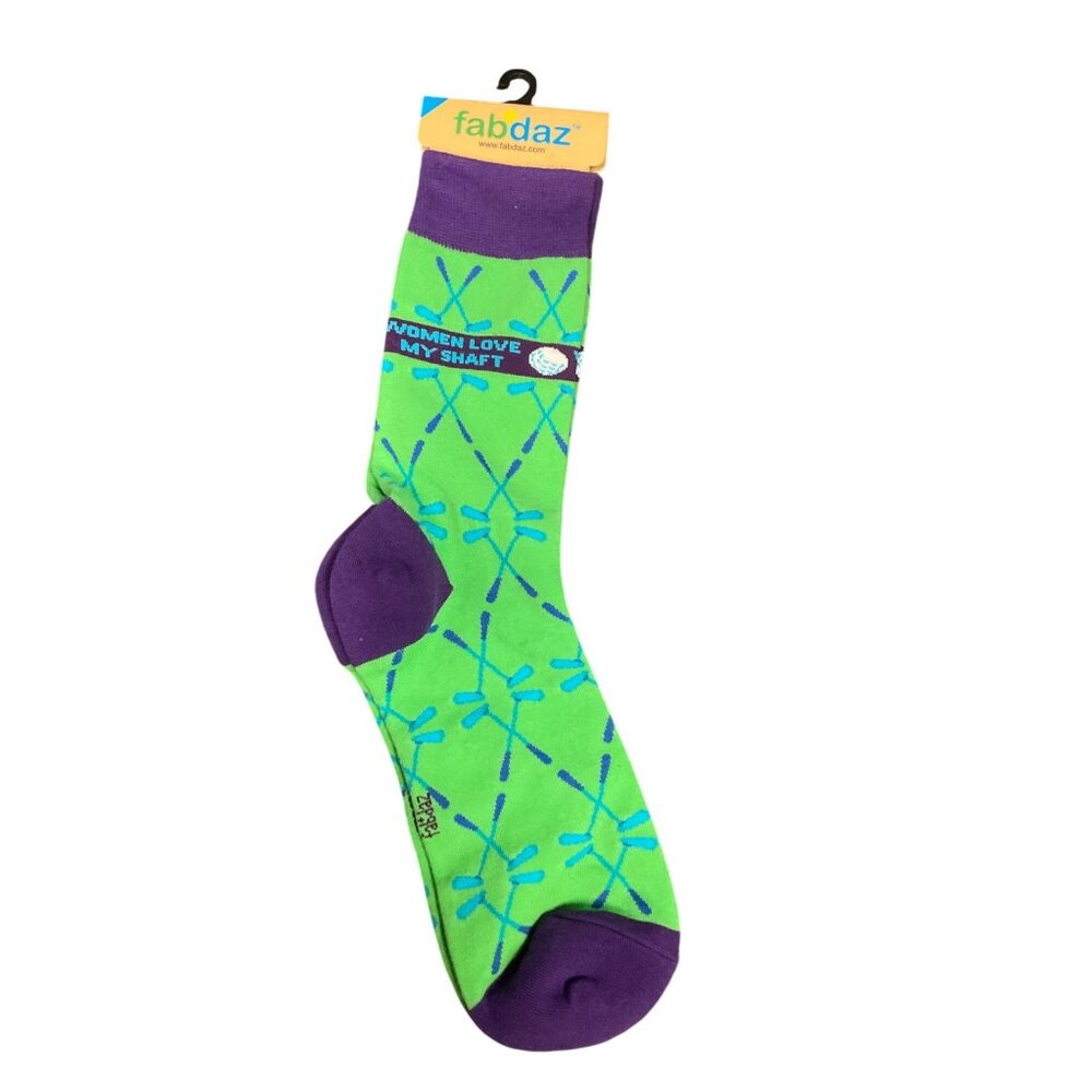 Mens Green & Purple Novelty Socks By Fabdaz "Women Love My Shaft" 80% Cotton Siz